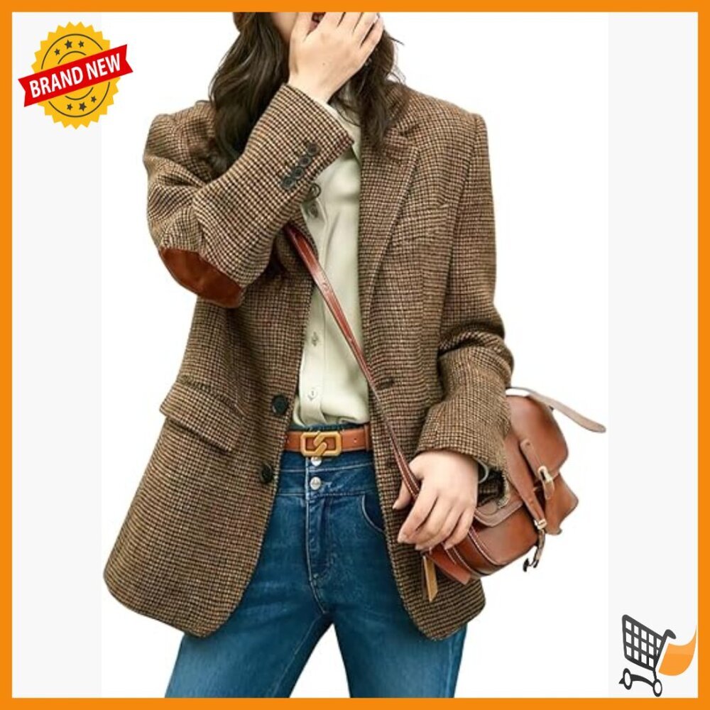 Wool Blend Blazer Jacket Single Breasted Plaid Business Casual Mid Thigh